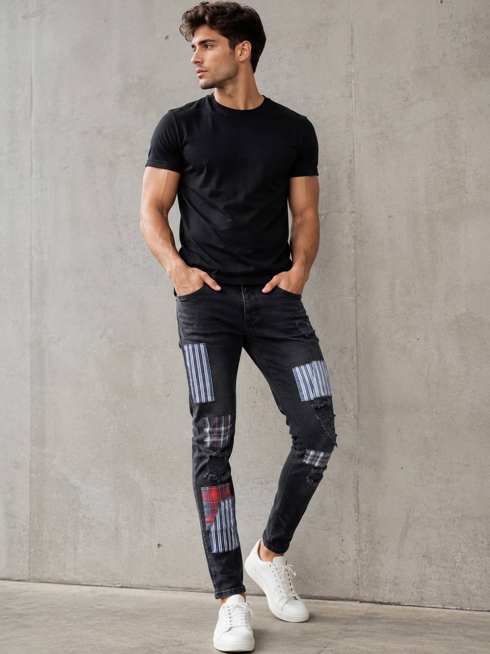 SIKSILK Men’s Distressed Patchwork Skinny Jeans – Size 31